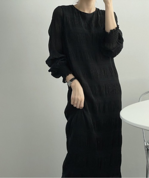 【セール】袖ギャザー楊柳ロングワンピース（ワンピース）｜deux amour（ドゥーザムール）