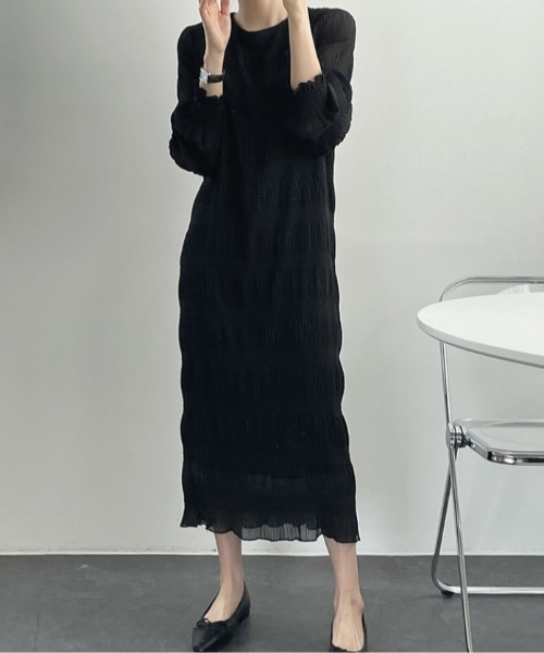 【セール】袖ギャザー楊柳ロングワンピース（ワンピース）｜deux amour（ドゥーザムール）