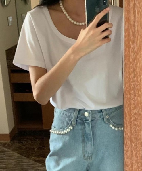 FREE STYLISTS(フリー スタイリスト)の「YUGA_YGMC パールアクセント クロップドデニムパンツ(デニムパンツ・レディース・ブルー・M/L)」の6枚目の写真
