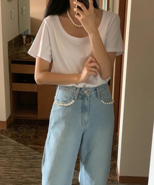 FREE STYLISTS(フリー スタイリスト)の「YUGA_YGMC パールアクセント クロップドデニムパンツ(デニムパンツ・レディース・ブルー・M/L)」の5枚目の写真