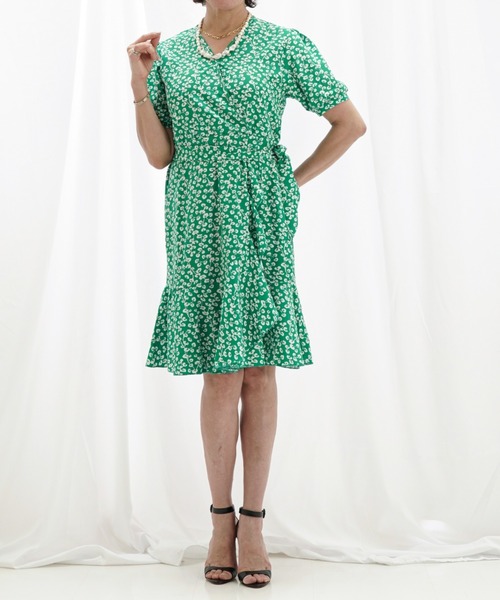 a lot of love（ア ロット オブ ラブ）の「小花柄ミディ丈 カシュクールワンピース（ワンピース・レディース・レッド/グリーン・M/L）」の5枚目の写真