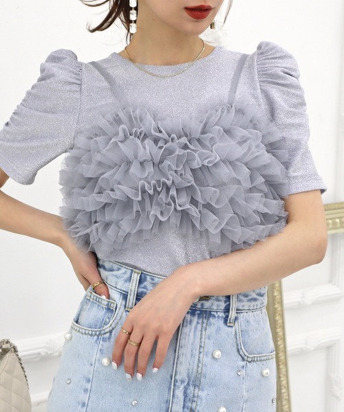 ROYAL PARTY（ロイヤルパーティー）の「チュールビスチェ付ラメトップス（Tシャツ/カットソー・レディース・ブラック/グレー/ベージュ・FREE）」の2枚目の写真