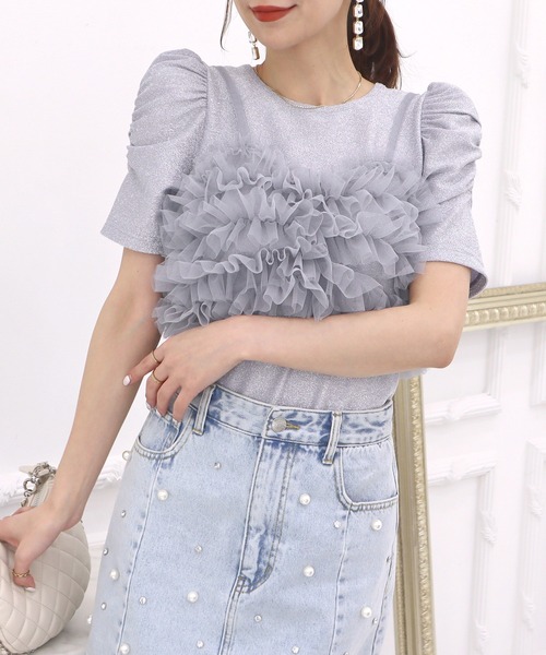 ROYAL PARTY（ロイヤルパーティー）の「チュールビスチェ付ラメトップス（Tシャツ/カットソー・レディース・ブラック/グレー/ベージュ・FREE）」の12枚目の写真