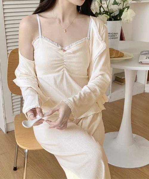 ルームウェア・パジャマ Ribbon Leavers Lace Camisole Set セール】3点セットルームウェア レース衿カーディガン＆パット