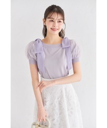 2WAYシフォンリボン付きパール装飾チュールパフスリーブニットプルオーバー