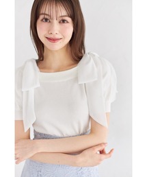 tocco closet | ２ＷＡＹシフォンリボン付きパール装飾チュールパフスリーブニットプルオーバー(Tシャツ/カットソー)