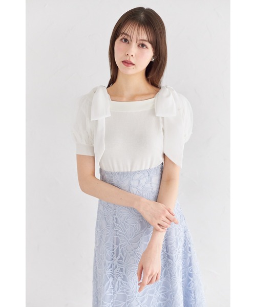 tocco closet（トッコ　クローゼット）の「２ＷＡＹシフォンリボン付きパール装飾チュールパフスリーブニットプルオーバー（Tシャツ/カットソー・レディース・オフホワイト/ラベンダー/ブラック・M）」の7枚目の写真