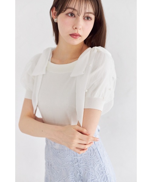 tocco closet（トッコ　クローゼット）の「２ＷＡＹシフォンリボン付きパール装飾チュールパフスリーブニットプルオーバー（Tシャツ/カットソー・レディース・オフホワイト/ラベンダー/ブラック・M）」の8枚目の写真