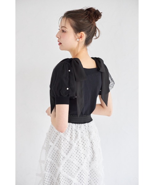 tocco closet（トッコ　クローゼット）の「２ＷＡＹシフォンリボン付きパール装飾チュールパフスリーブニットプルオーバー（Tシャツ/カットソー・レディース・オフホワイト/ラベンダー/ブラック・M）」の14枚目の写真