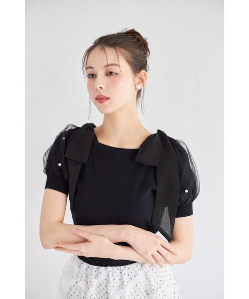 tocco closet（トッコ　クローゼット）の「２ＷＡＹシフォンリボン付きパール装飾チュールパフスリーブニットプルオーバー（Tシャツ/カットソー・レディース・オフホワイト/ラベンダー/ブラック・M）」の13枚目の写真