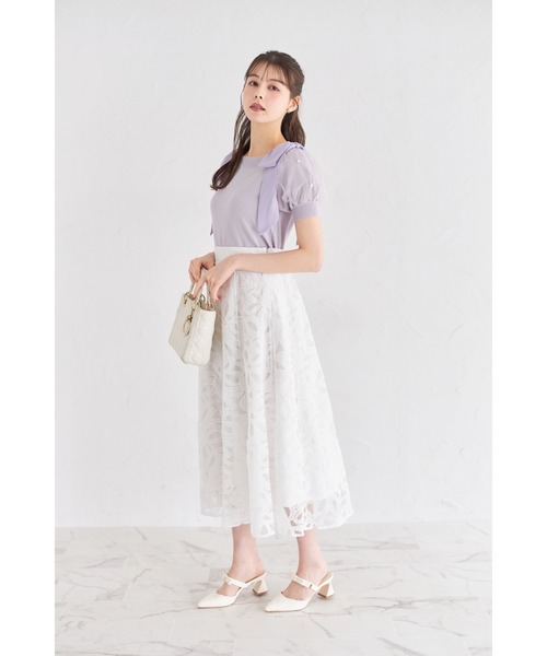 tocco closet（トッコ　クローゼット）の「２ＷＡＹシフォンリボン付きパール装飾チュールパフスリーブニットプルオーバー（Tシャツ/カットソー・レディース・オフホワイト/ラベンダー/ブラック・M）」の16枚目の写真