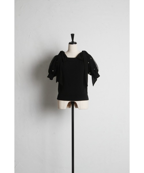 tocco closet（トッコ　クローゼット）の「２ＷＡＹシフォンリボン付きパール装飾チュールパフスリーブニットプルオーバー（Tシャツ/カットソー・レディース・オフホワイト/ラベンダー/ブラック・M）」の19枚目の写真