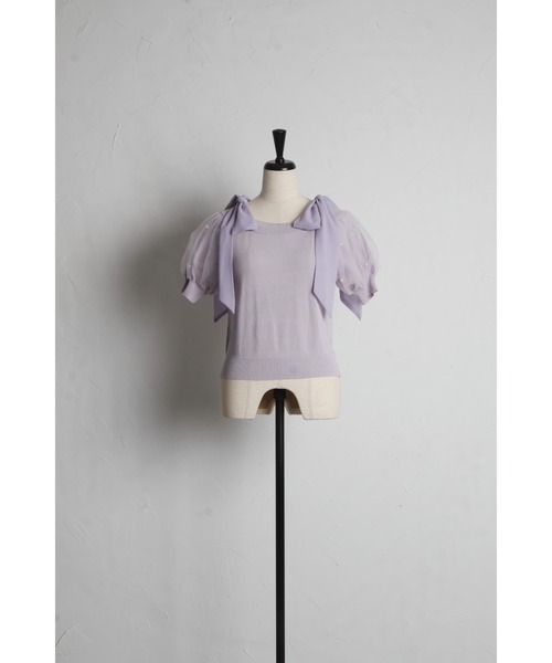 tocco closet（トッコ　クローゼット）の「２ＷＡＹシフォンリボン付きパール装飾チュールパフスリーブニットプルオーバー（Tシャツ/カットソー・レディース・オフホワイト/ラベンダー/ブラック・M）」の20枚目の写真