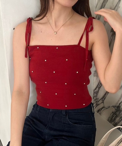 one after another NICE CLAUP（ワンアフターアナザーナイスクラップ）の「肩リボンビジューニットビスチェ【セットで着れるカーディガンあり】（キャミソール・レディース・レッド/ピンク/ブラック/アイボリー/杢グレー・FREE）」の14枚目の写真