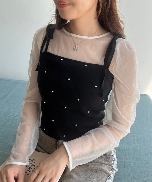 one after another NICE CLAUP（ワンアフターアナザーナイスクラップ）の「肩リボンビジューニットビスチェ【セットで着れるカーディガンあり】（キャミソール・レディース・レッド/ピンク/ブラック/アイボリー/杢グレー・FREE）」の19枚目の写真