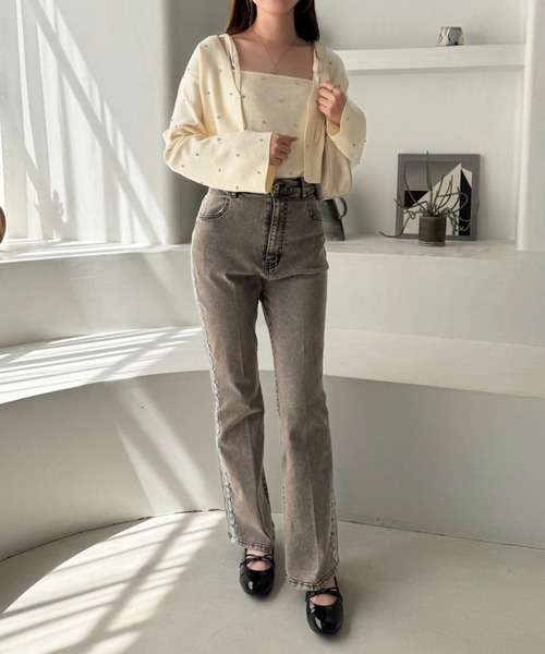 one after another NICE CLAUP（ワンアフターアナザーナイスクラップ）の「肩リボンビジューニットビスチェ【セットで着れるカーディガンあり】（キャミソール・レディース・レッド/ピンク/ブラック/アイボリー/杢グレー・FREE）」の9枚目の写真