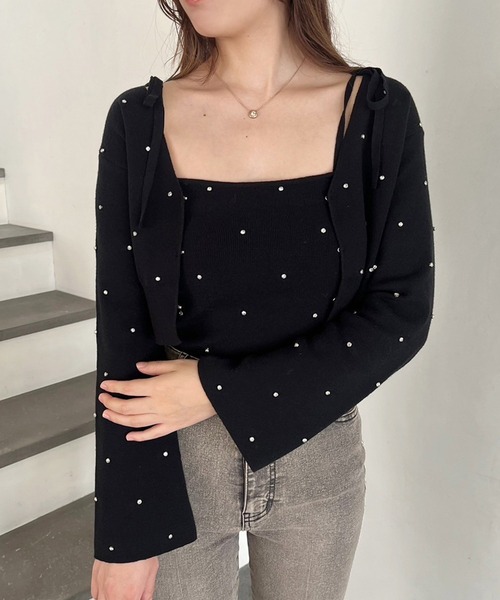 one after another NICE CLAUP（ワンアフターアナザーナイスクラップ）の「肩リボンビジューニットビスチェ【セットで着れるカーディガンあり】（キャミソール・レディース・レッド/ピンク/ブラック/アイボリー/杢グレー・FREE）」の20枚目の写真