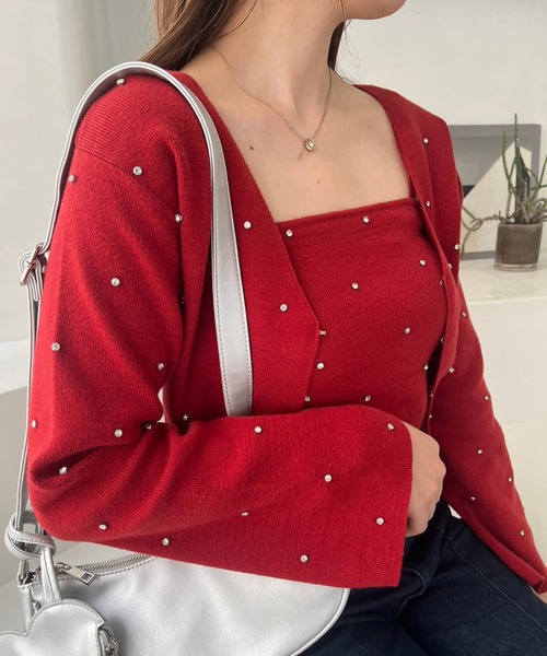 one after another NICE CLAUP（ワンアフターアナザーナイスクラップ）の「肩リボンビジューニットビスチェ【セットで着れるカーディガンあり】（キャミソール・レディース・レッド/ピンク/ブラック/アイボリー/杢グレー・FREE）」の17枚目の写真