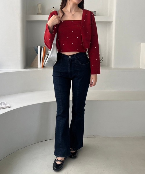 one after another NICE CLAUP（ワンアフターアナザーナイスクラップ）の「肩リボンビジューニットビスチェ【セットで着れるカーディガンあり】（キャミソール・レディース・レッド/ピンク/ブラック/アイボリー/杢グレー・FREE）」の18枚目の写真