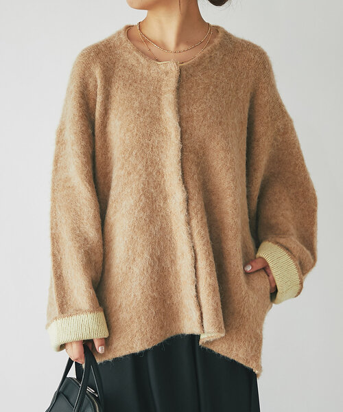 un dix cors（アンディコール）の「《柔らかい素材で軽い着心地》Wフェイス起毛ニットコート（ノーカラーコート・レディース・ブルー/グレー/ベージュ・FREE）」の21枚目の写真