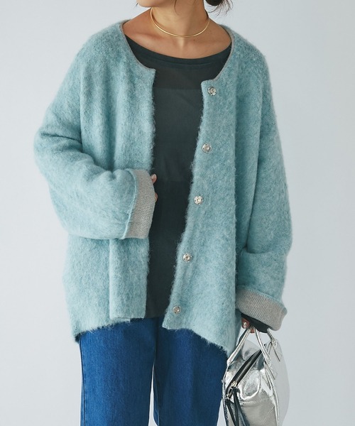 un dix cors（アンディコール）の「《柔らかい素材で軽い着心地》Wフェイス起毛ニットコート（ノーカラーコート・レディース・ブルー/グレー/ベージュ・FREE）」の3枚目の写真