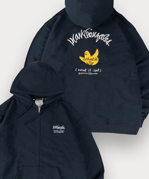 (What it isNt)ART BY MARKGONZALES(ワットイットイズント)の「【(What it isNt) ART BY MARK GONZALES/ワットイットイズント マークゴンザレス】ワンポイント刺繍 バックプリント フルジップ フーディー USAコットン使用(パーカー・メンズ・ブラック/グレー/オフホワイト/ネイビー・M/L/XL)」の4枚目の写真