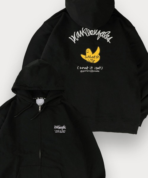 (What it isNt)ART BY MARKGONZALES(ワットイットイズント)の「【(What it isNt) ART BY MARK GONZALES/ワットイットイズント マークゴンザレス】ワンポイント刺繍 バックプリント フルジップ フーディー USAコットン使用(パーカー・メンズ・ブラック/グレー/オフホワイト/ネイビー・M/L/XL)」の2枚目の写真