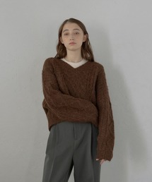 【MINERTE】cropped vneck cable knit pullover / クロップドケーブル編みニット