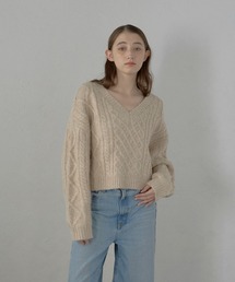 【MINERTE】cropped vneck cable knit pullover / クロップドケーブル編みニット