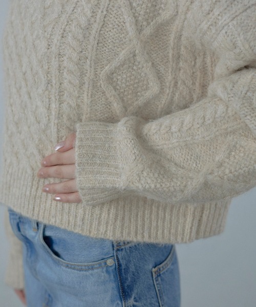 セール】【MINERTE】cropped vneck cable knit pullover