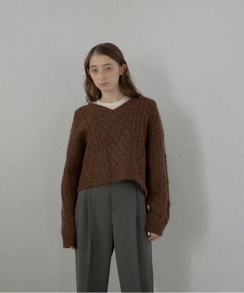 ニット セーター 「MINERTE」cropped vneck cable knit pullover / クロップドケーブル編みニット レディース セール】【MINERTE】cropped vneck cable knit pullover