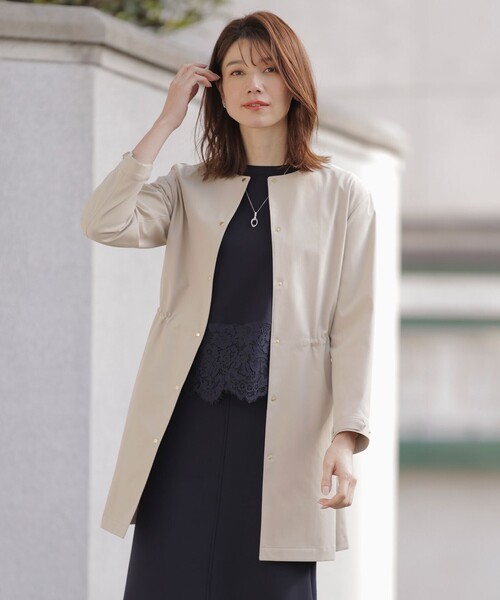 セール】【洗える・撥水】ドライツイルストレッチ ノーカラー コート