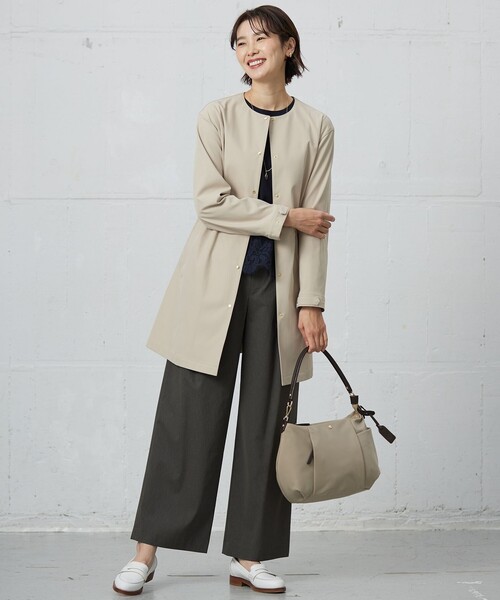 セール】【洗える・撥水】ドライツイルストレッチ ノーカラー コート