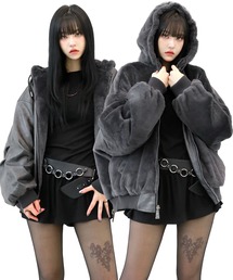 minsobi（ミンソビ）の「フェイクレザー＆ファー リバーシブルジャケット フェイクファーフーディー ジップアップ ブルゾン レザージャケット ユニセックスma-1 ボリューム袖ジャケット（MA-1）」