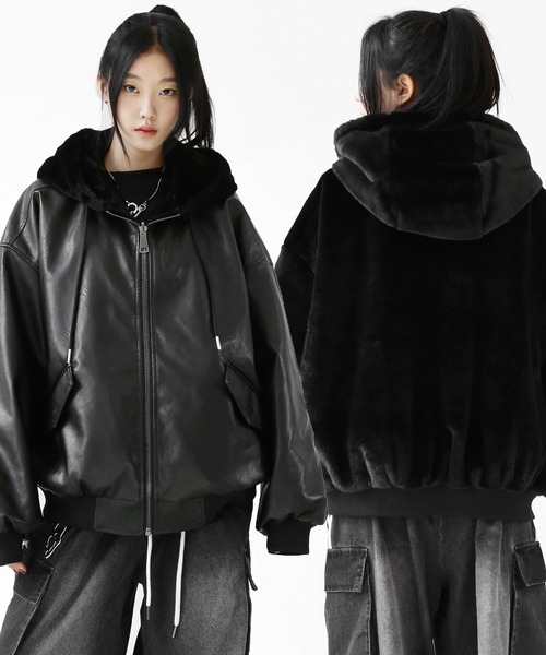 フェイクレザー＆ファー リバーシブルジャケット フェイクファー