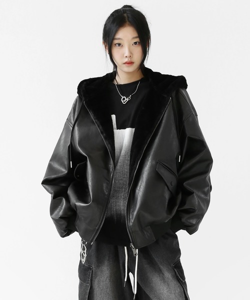 フェイクレザー＆ファー リバーシブルジャケット フェイクファー