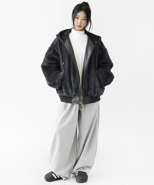 セール】フェイクレザー＆ファー リバーシブルジャケット フェイク
