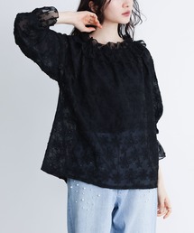 チュールテープフラワー刺繍シアーブラウス