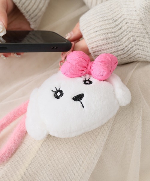 リボン付きもこもこワンちゃんぬいぐるみ スマホストラップ 