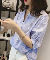 SallyLunn | バックボタン半袖ストライプシャツ(シャツ/ブラウス)