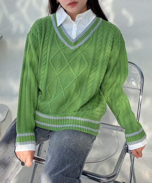 AS KNOW AS plus（アズノゥアズプラス）の「●チルデンニット 重ね着風 ドッキングプルオーバー（ニット/セーター・レディース・グリーン系/アイボリー系/ネイビー系・FREE）」の3枚目の写真