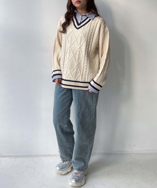 AS KNOW AS plus（アズノゥアズプラス）の「●チルデンニット 重ね着風 ドッキングプルオーバー（ニット/セーター・レディース・グリーン系/アイボリー系/ネイビー系・FREE）」の7枚目の写真