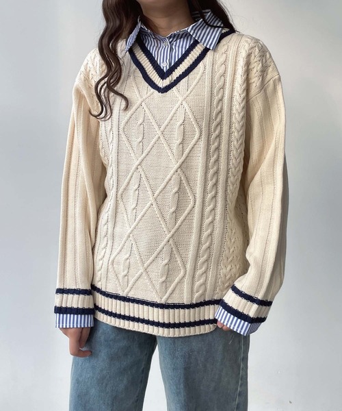 AS KNOW AS plus（アズノゥアズプラス）の「●チルデンニット 重ね着風 ドッキングプルオーバー（ニット/セーター・レディース・グリーン系/アイボリー系/ネイビー系・FREE）」の8枚目の写真