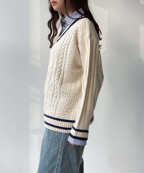 AS KNOW AS plus（アズノゥアズプラス）の「●チルデンニット 重ね着風 ドッキングプルオーバー（ニット/セーター・レディース・グリーン系/アイボリー系/ネイビー系・FREE）」の9枚目の写真