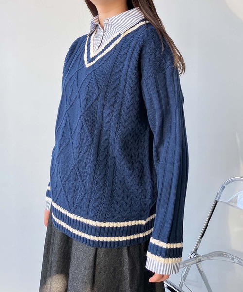 AS KNOW AS plus（アズノゥアズプラス）の「●チルデンニット 重ね着風 ドッキングプルオーバー（ニット/セーター・レディース・グリーン系/アイボリー系/ネイビー系・FREE）」の11枚目の写真