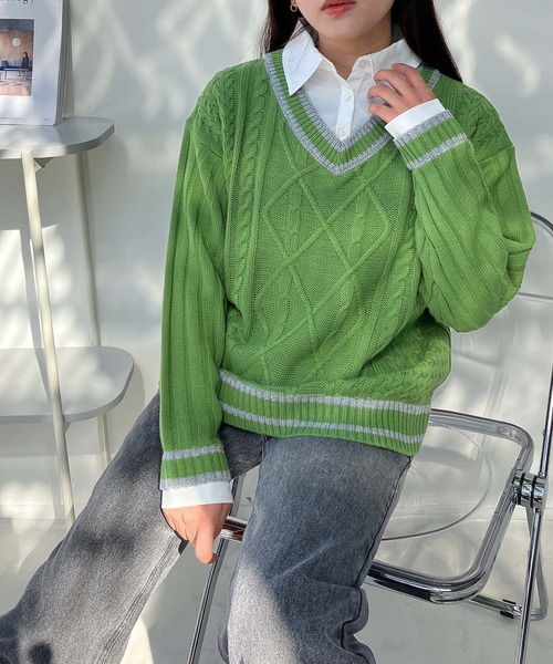 AS KNOW AS plus（アズノゥアズプラス）の「●チルデンニット 重ね着風 ドッキングプルオーバー（ニット/セーター・レディース・グリーン系/アイボリー系/ネイビー系・FREE）」の15枚目の写真