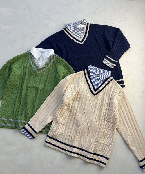 AS KNOW AS plus（アズノゥアズプラス）の「●チルデンニット 重ね着風 ドッキングプルオーバー（ニット/セーター・レディース・グリーン系/アイボリー系/ネイビー系・FREE）」の18枚目の写真