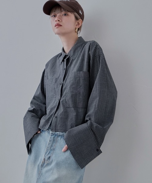 ブラウス シャツ ビッグカフスチェックシャツ レディース ビッグカフスクロップドチェックシャツ（シャツ/ブラウス