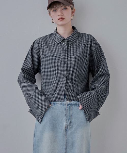 ブラウス シャツ ビッグカフスチェックシャツ レディース ビッグカフスクロップドチェックシャツ（シャツ/ブラウス
