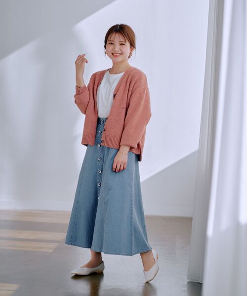 フロントボタンセミフレアデニムスカート 【低身長・小柄女性